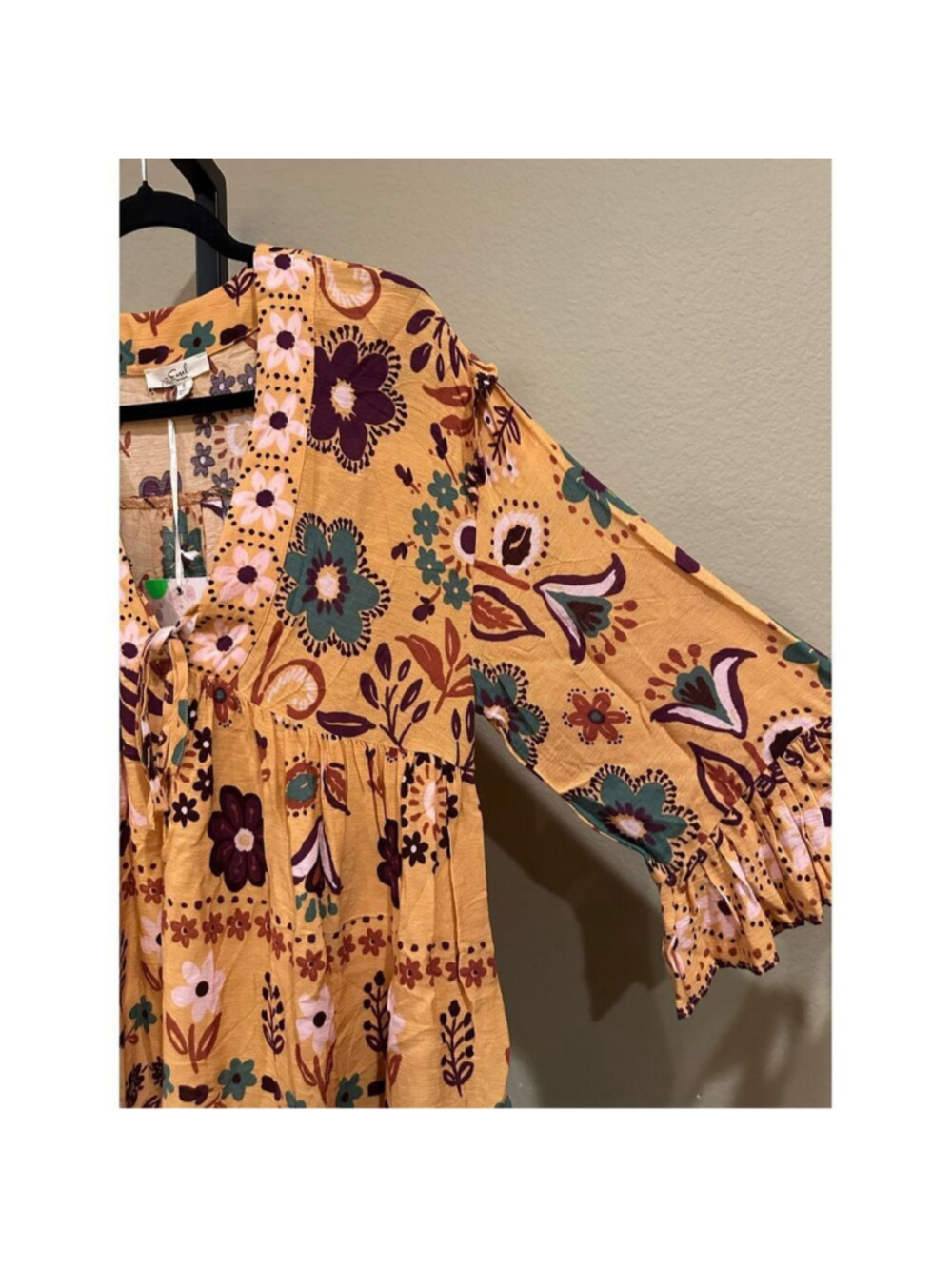 Easel Los Angeles Boho Mustard Yellow Multicolor Floral Babydoll Tunic Top Size - Picture 5 of 7